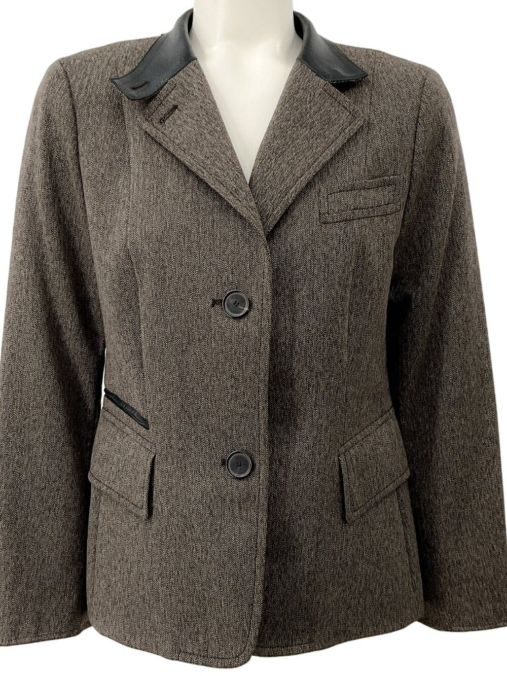 Akris Punto Brown Herringbone Tweed Jacket with Leather Collar